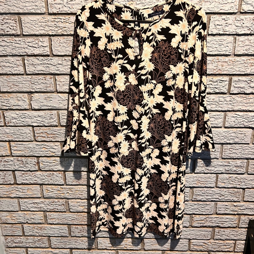 Tommy Hilfiger Women Black Cream Floral Bell Sleeve Shift Dress Size 10